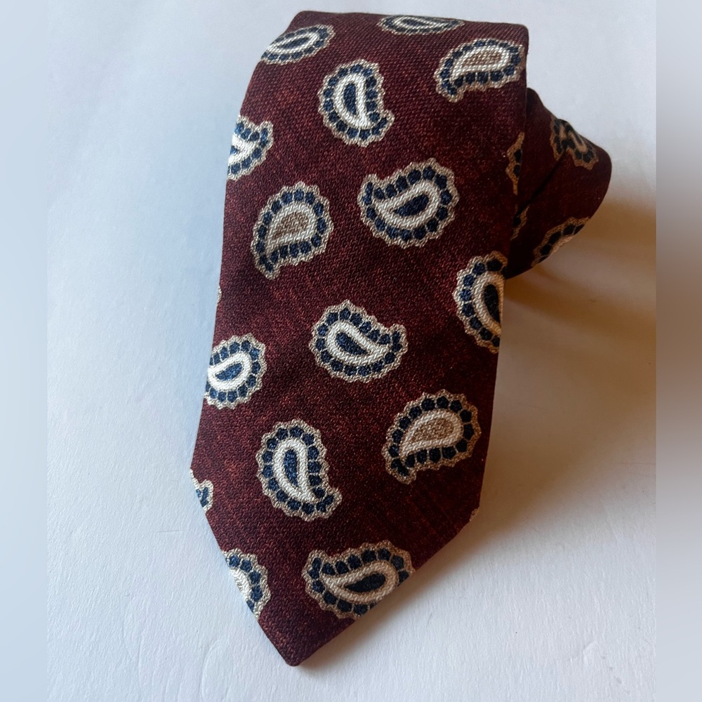 EDWARD ARMAH Pines Paisley Silk Tie in RUST BROWN WITH BLUE AND CREAM NWOT